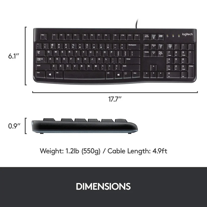 K120 Corded USB Keyboard with Spill Resistant Design - Black