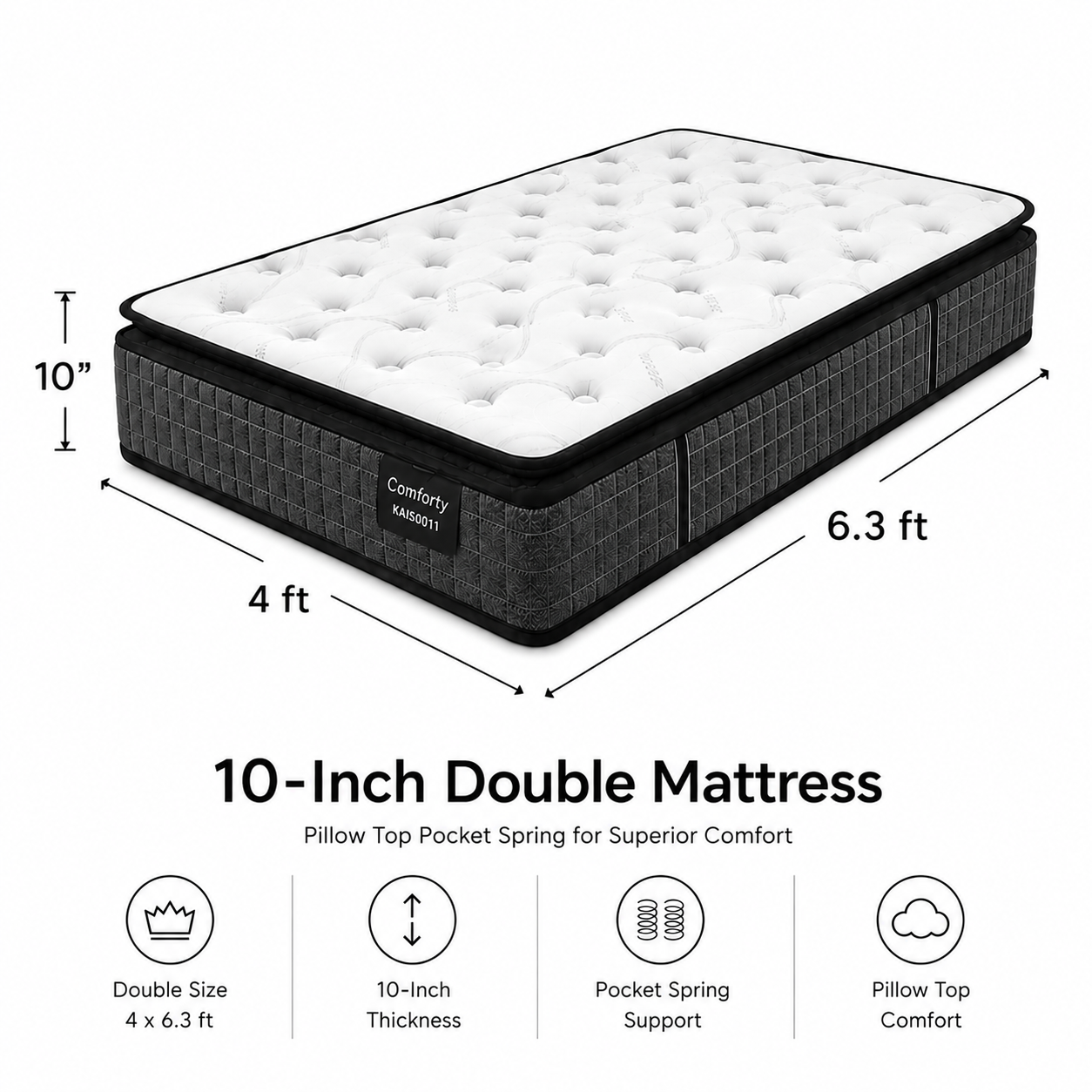 10-inch DOUBLE Mattress (4x6.3ft) Pillow Top Pocket Spring