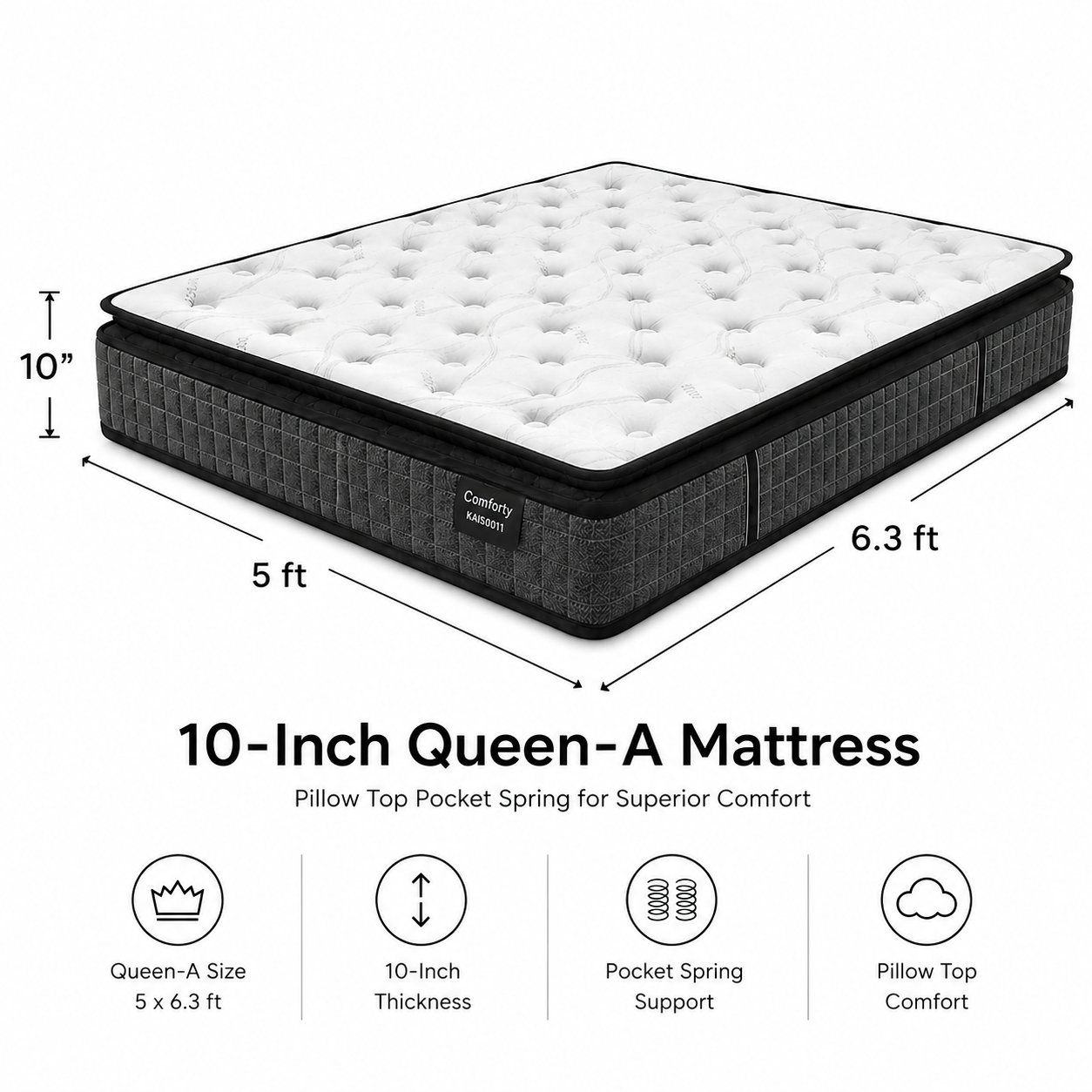 10-inch QUEEN-A Mattress (5x6.3ft) Pillow Top Pocket Spring