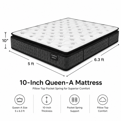 10-inch QUEEN-A Mattress (5x6.3ft) Pillow Top Pocket Spring