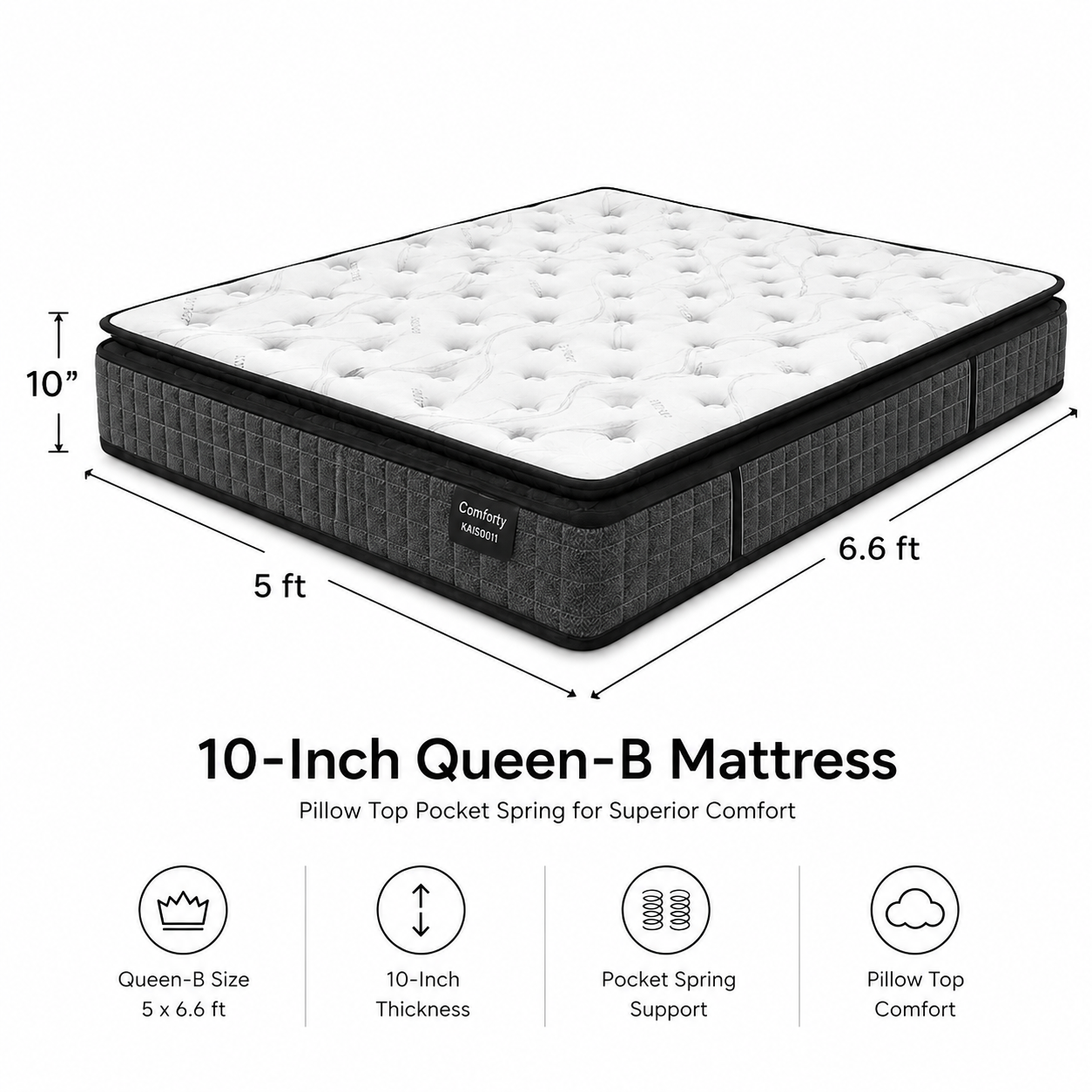 10-inch QUEEN-B  Mattress (5x6.6ft) Pillow Top Pocket Spring
