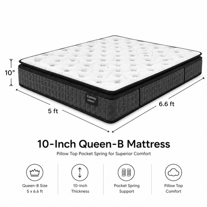 10-inch QUEEN-B  Mattress (5x6.6ft) Pillow Top Pocket Spring
