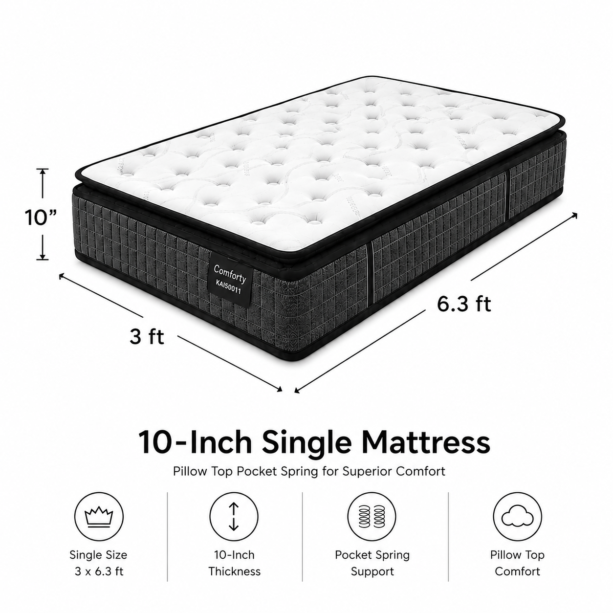 10-inch SINGLE Mattress (4x6.3ft) Pillow Top Pocket Spring