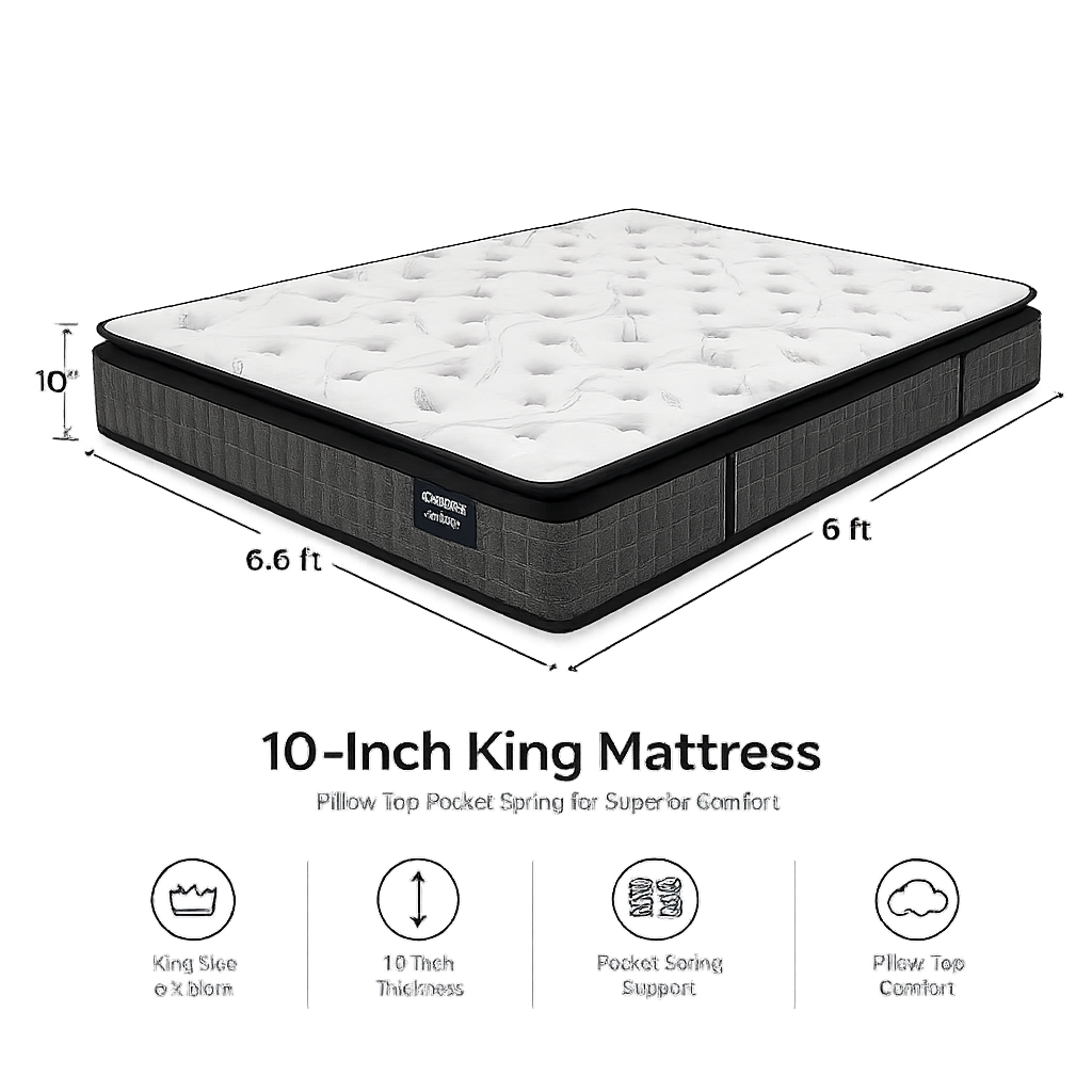 10-inch KING Mattress (6x6.6ft) Pillow Top Pocket Spring