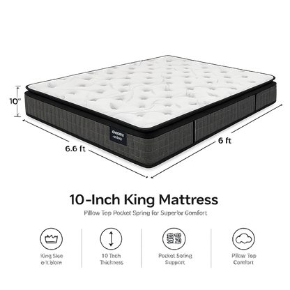 10-inch KING Mattress (6x6.6ft) Pillow Top Pocket Spring