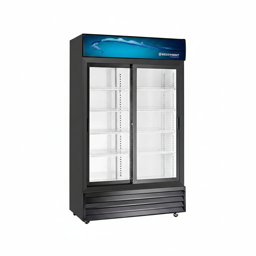 Westpoint double-door refrigerator with glass doors on a white background