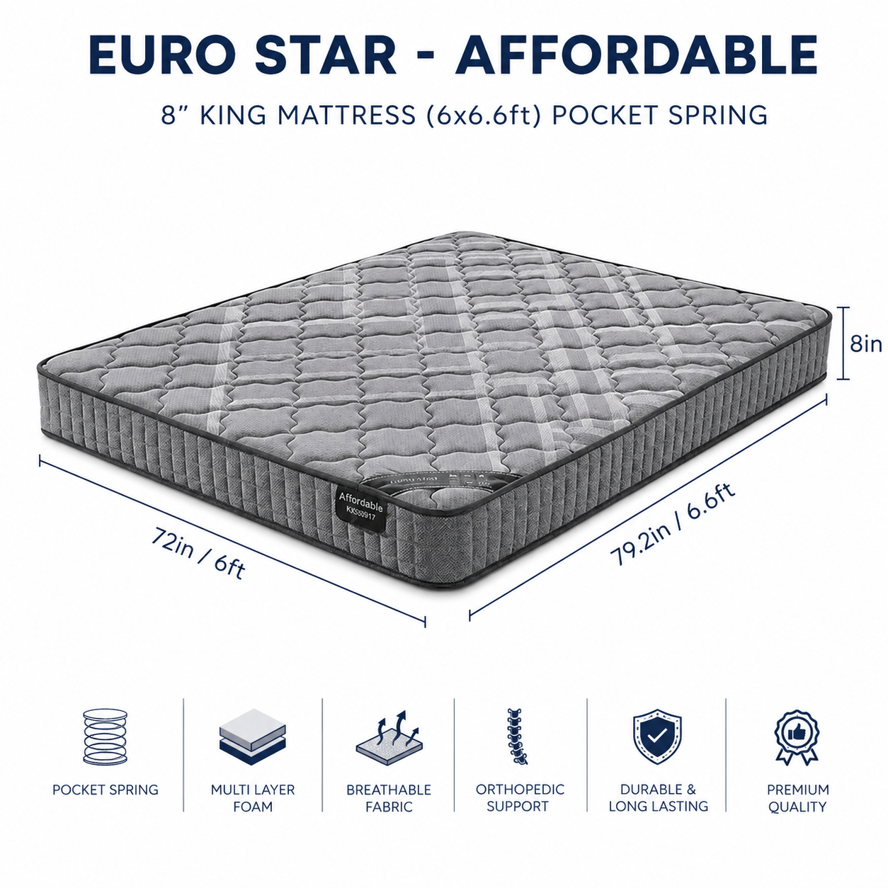 8-inch KING Mattress (6x6.6ft) Pocket Spring