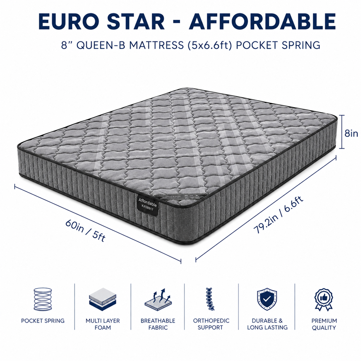 8-inch QUEEN-B  Mattress (5x6.6ft) Pocket Spring