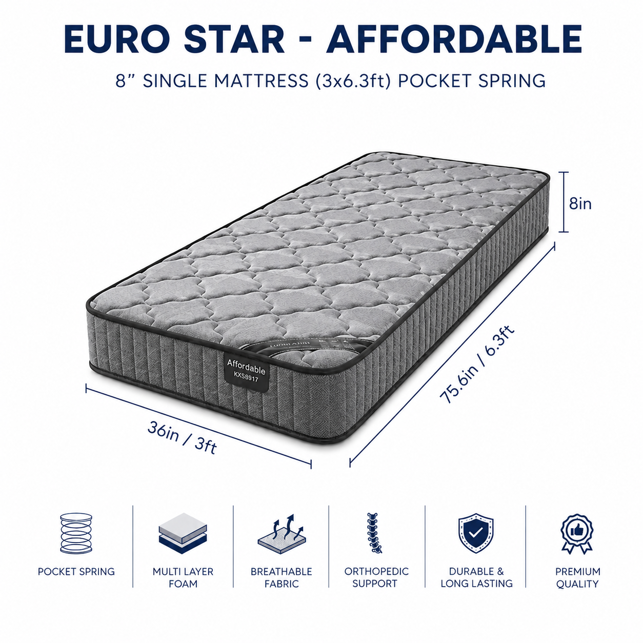 8-inch SINGLE Mattress  (3x6.3ft) Pocket Spring