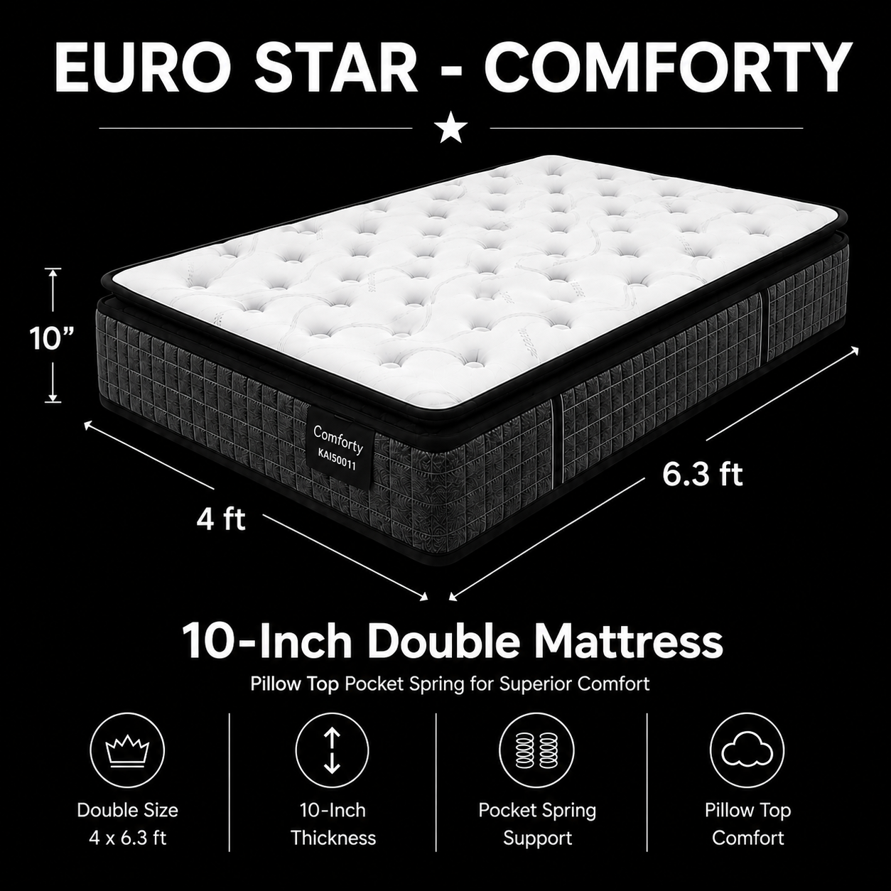 10-inch DOUBLE Mattress (4x6.3ft) Pillow Top Pocket Spring