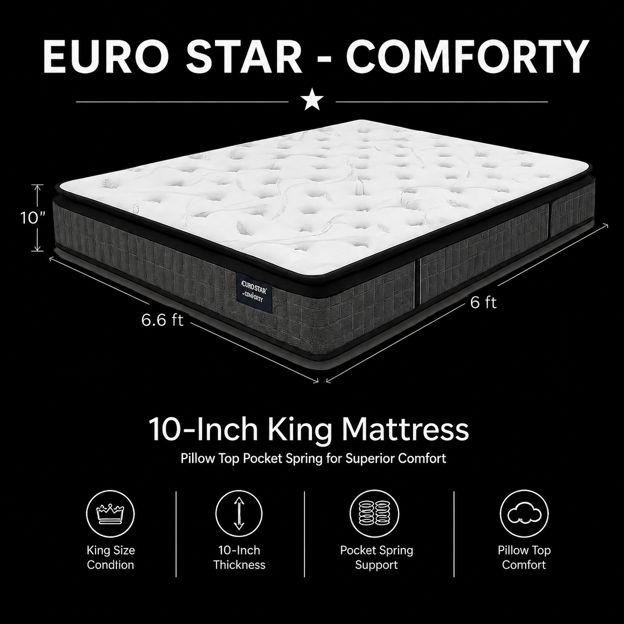 10-inch KING Mattress (6x6.6ft) Pillow Top Pocket Spring