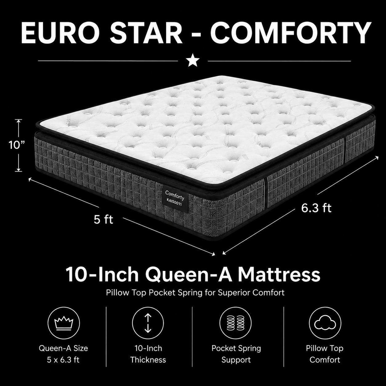 10-inch QUEEN-A Mattress (5x6.3ft) Pillow Top Pocket Spring
