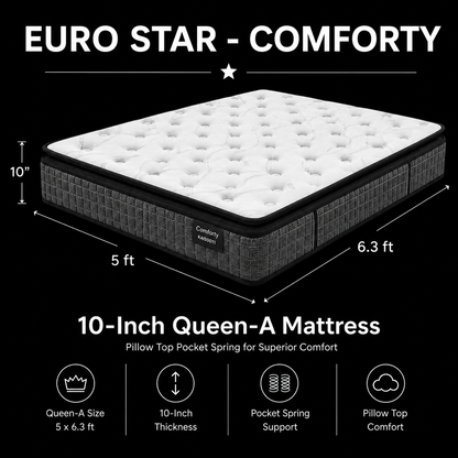 10-inch QUEEN-A Mattress (5x6.3ft) Pillow Top Pocket Spring