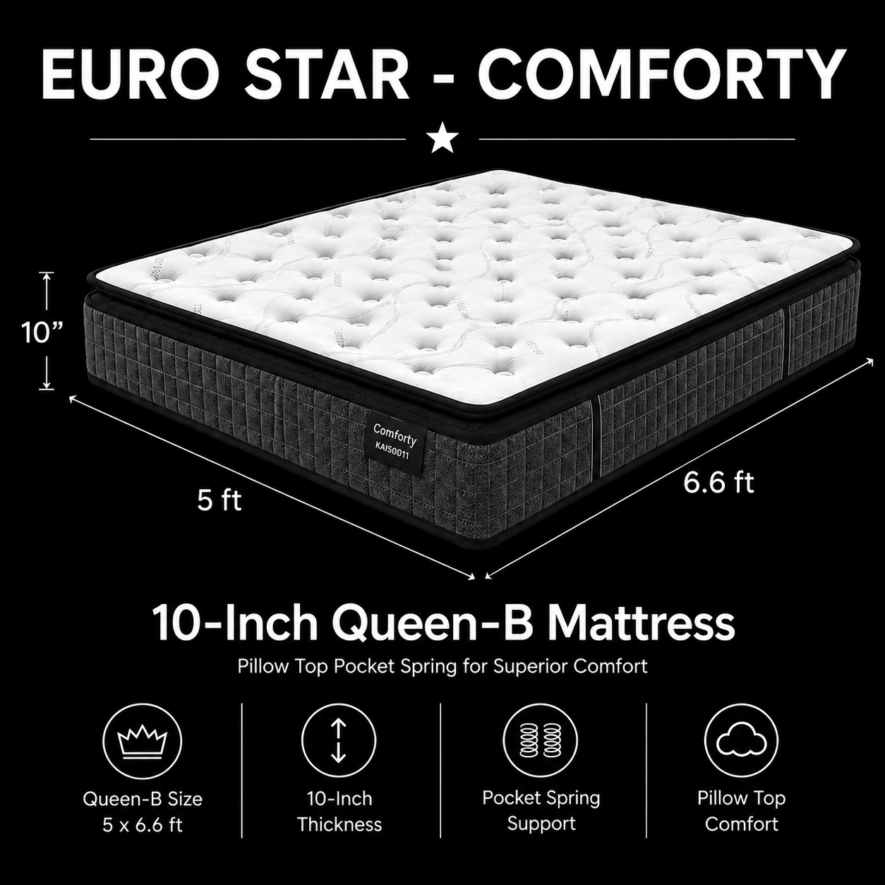 10-inch QUEEN-B  Mattress (5x6.6ft) Pillow Top Pocket Spring