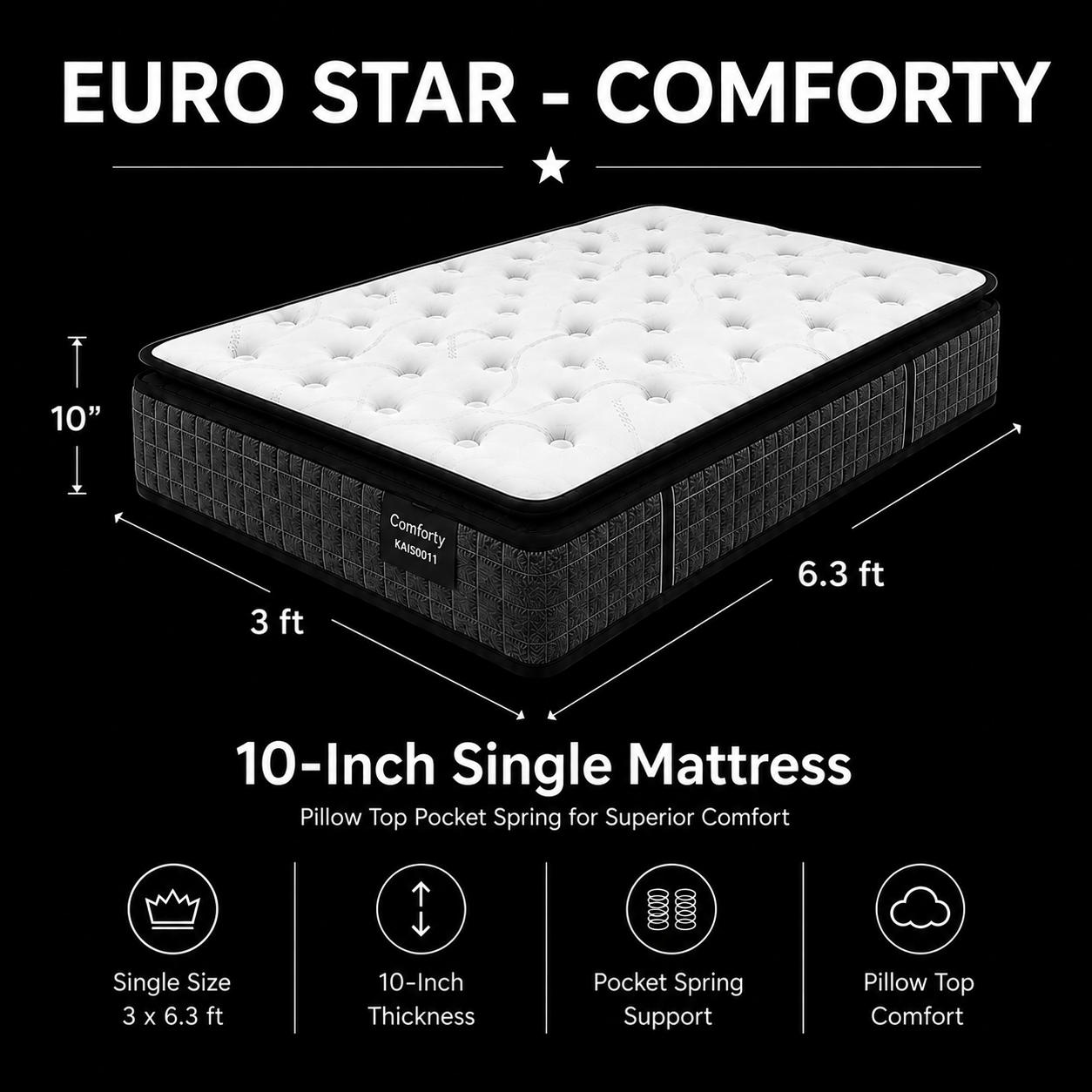 10-inch SINGLE Mattress (4x6.3ft) Pillow Top Pocket Spring