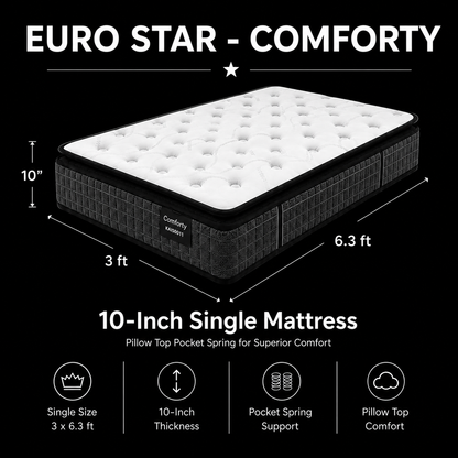 10-inch SINGLE Mattress (4x6.3ft) Pillow Top Pocket Spring