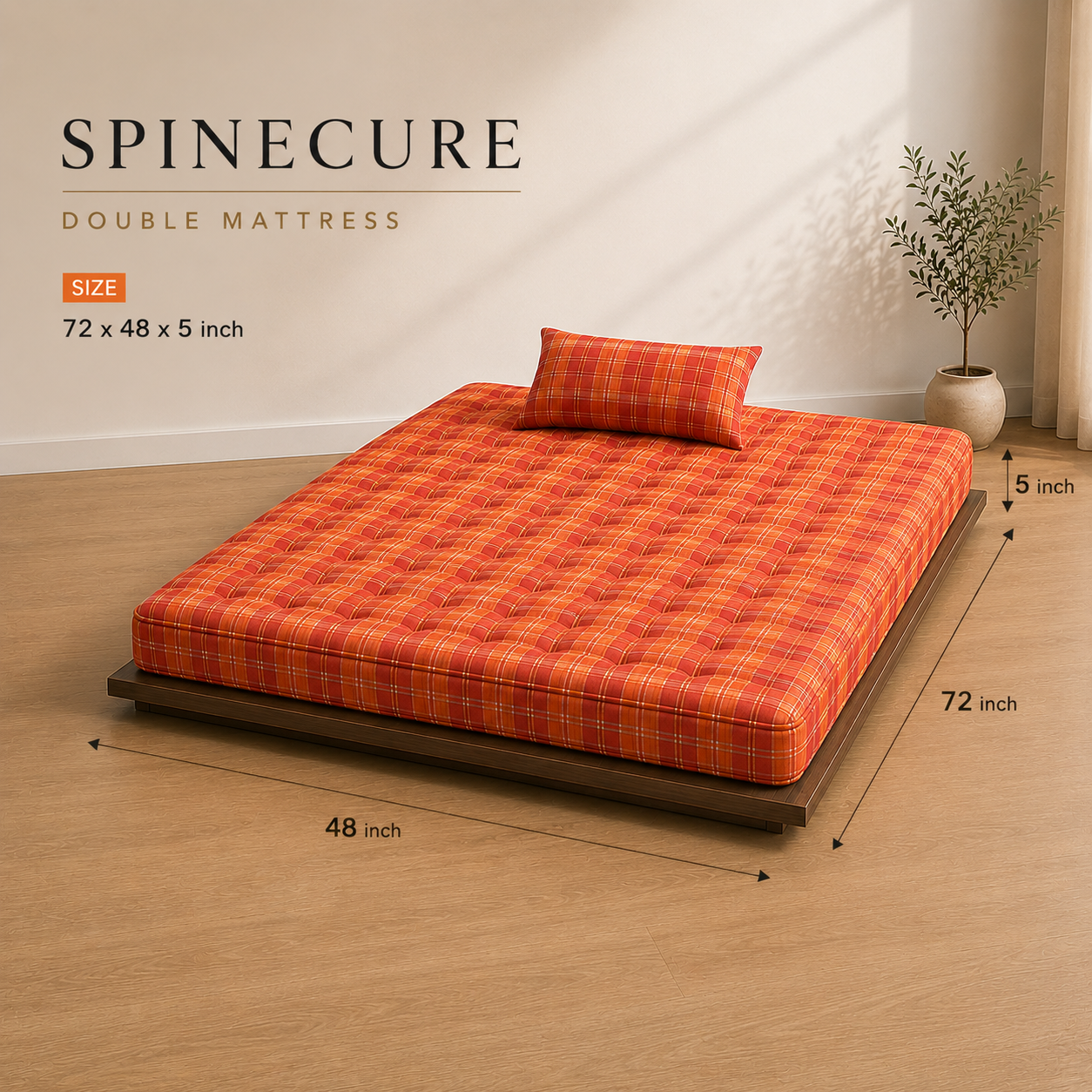 DOUBLE  Mattress Box-Type Cotton Foldable & Rollable – Floor & Bed Use (Orange / 72x48x5inch)