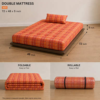 DOUBLE  Mattress Box-Type Cotton Foldable & Rollable – Floor & Bed Use (Orange / 72x48x5inch)