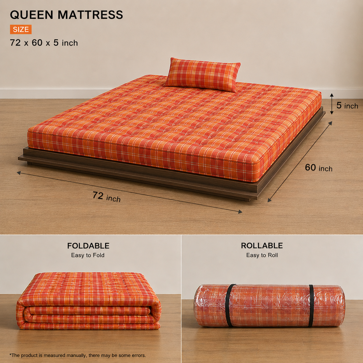 QUEEN Mattress Box-Type Cotton Foldable& Rollable – Floor & Bed Use (Orange / 72x60x5inch)