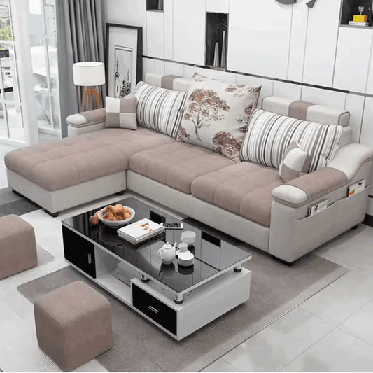 Modern L shaped Fabric sofa set Cream Color
