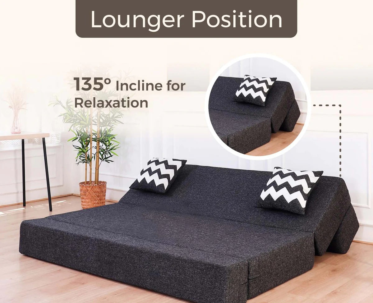 SOFA CUM BED  5x6' Three Seater / Dark Grey / 3 Zig Zag Cussions