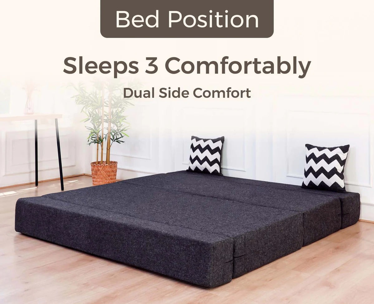 SOFA CUM BED  5x6' Three Seater / Dark Grey / 3 Zig Zag Cussions