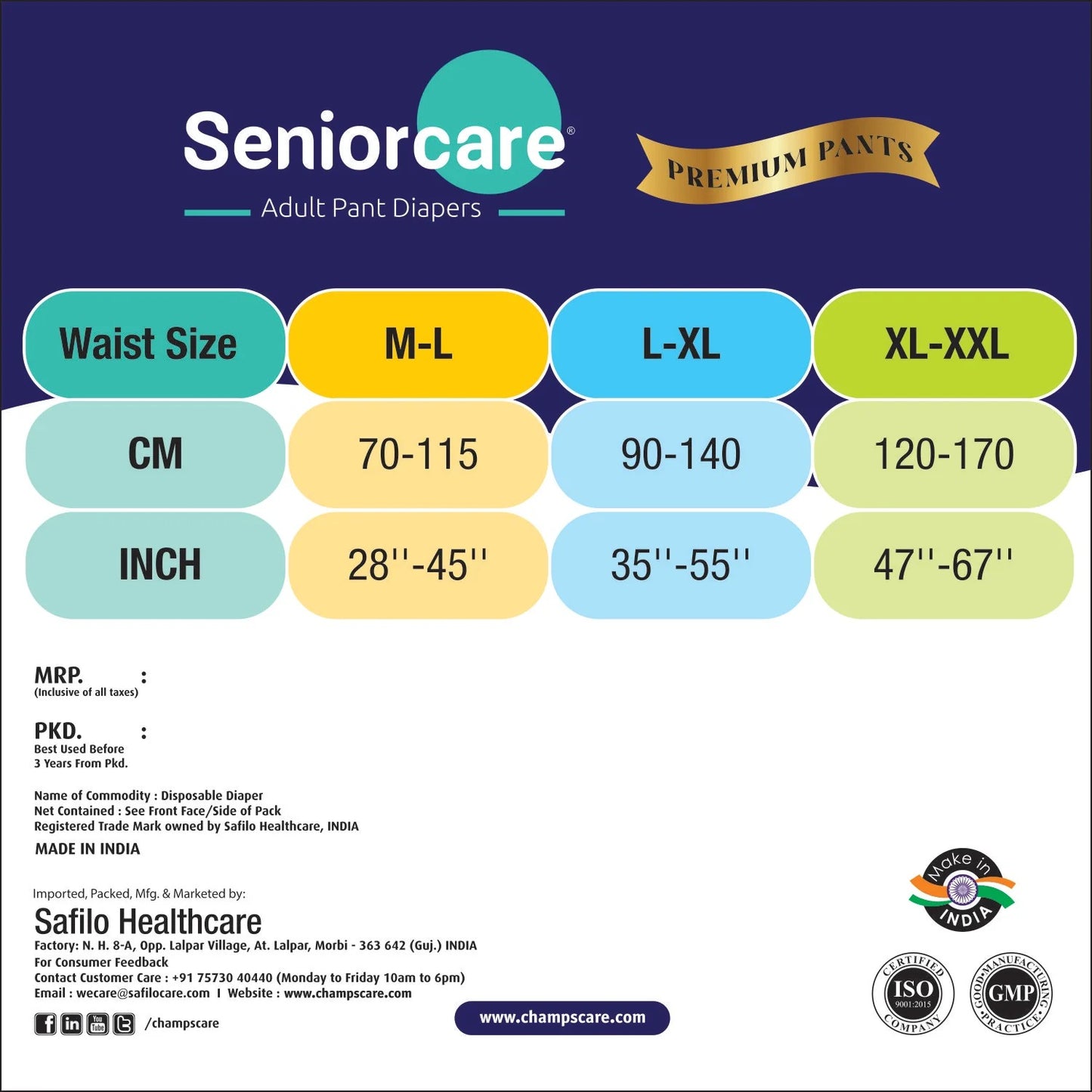 SeniorCare Premium Adult Pull Up Diaper Pants - M-L (Waist 28"-45") - 40 Count