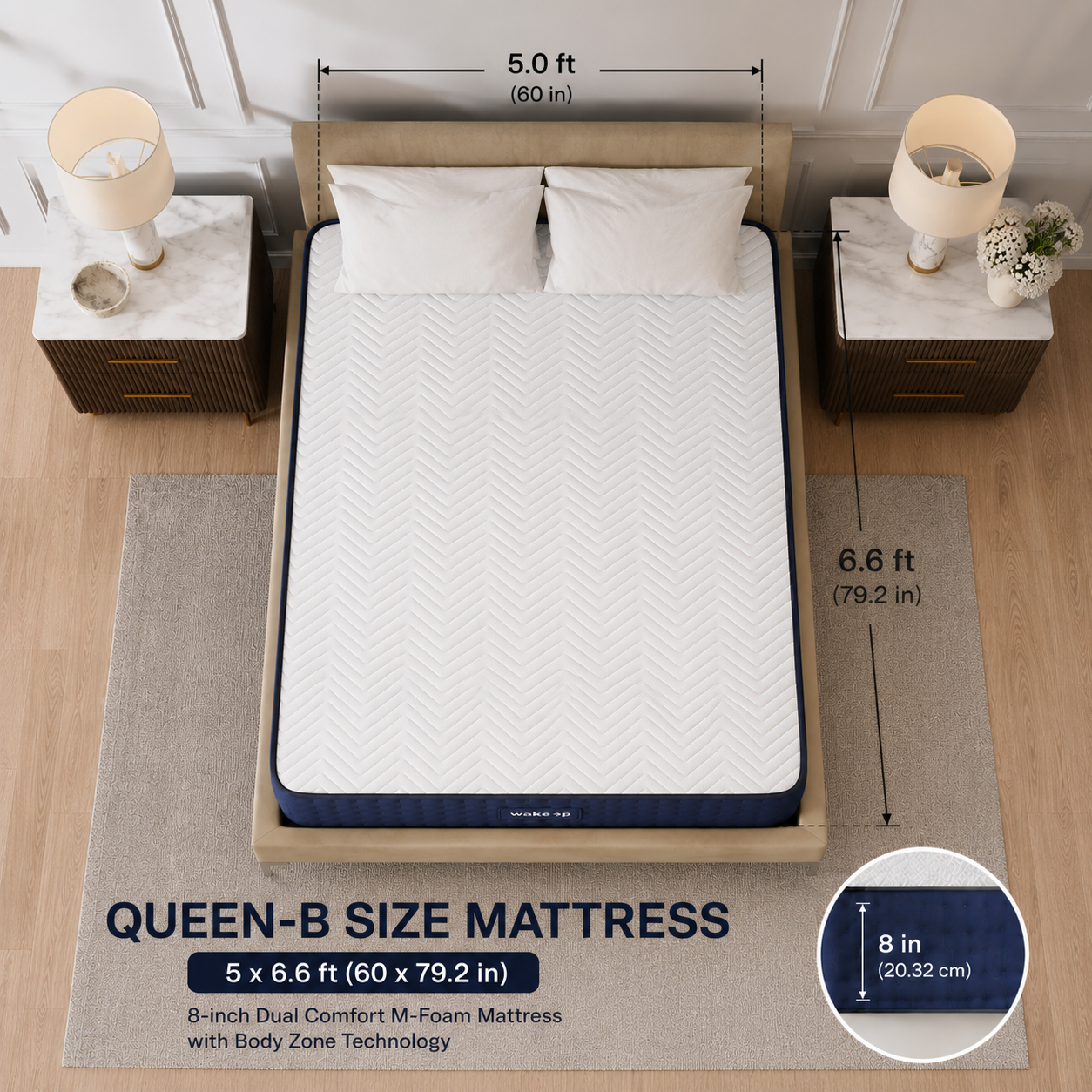 8-inch QUEEN-B Dual Comfort M-Foam Mattress with Body Zone Technology (5x6.6ft)